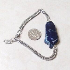 Dark Blue Sea Sediment Jasper Slab + Chunky Chain Bracelet ~ Adjust. 7-8" Wrist